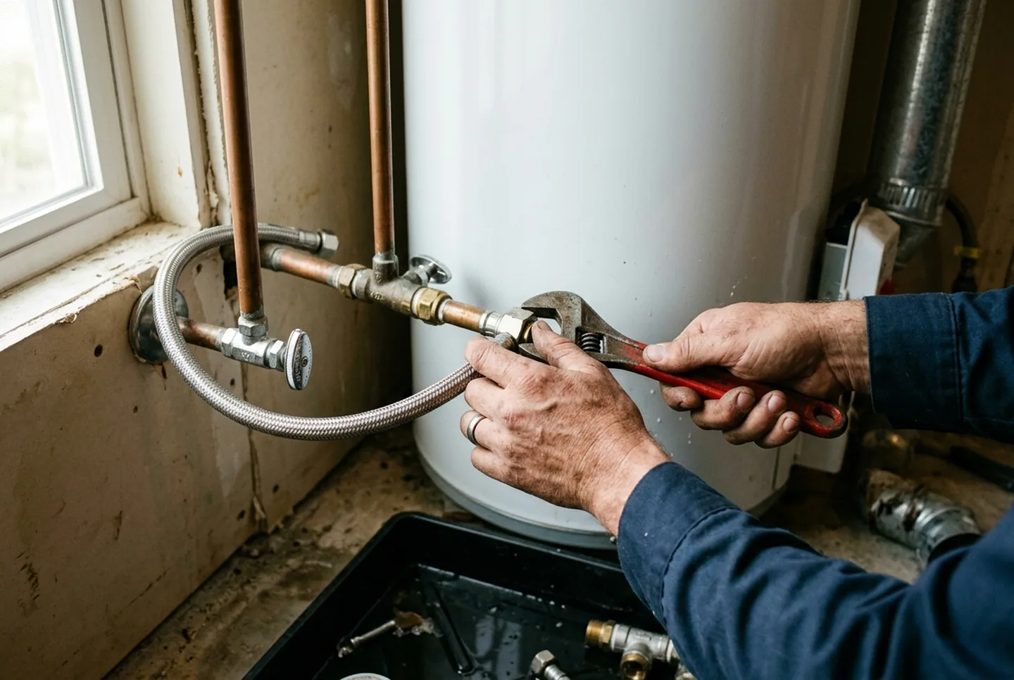 A plumber tightening a residential pipe fitting